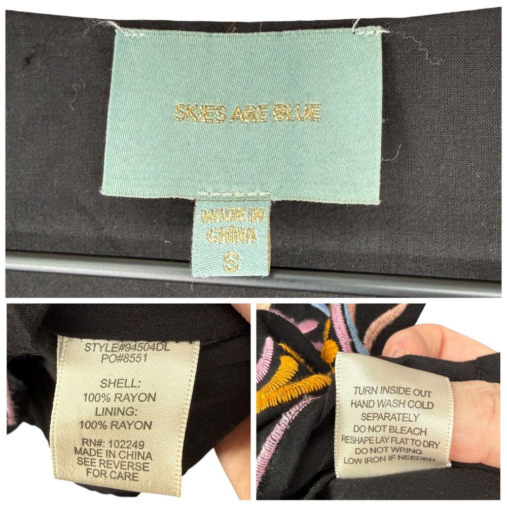 Skies Are Blue Dress Women Small Black Embroidered Boho Lace Up Tassel Shift EUC - Picture 9 of 9